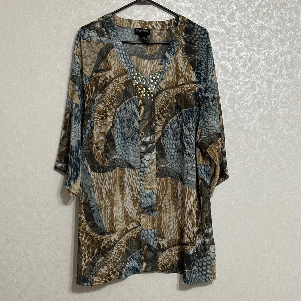 Maggie Barnes Snake Print Studded 3/4 Sleeve V-neck Tunic Top Plus Size 22 / 24W